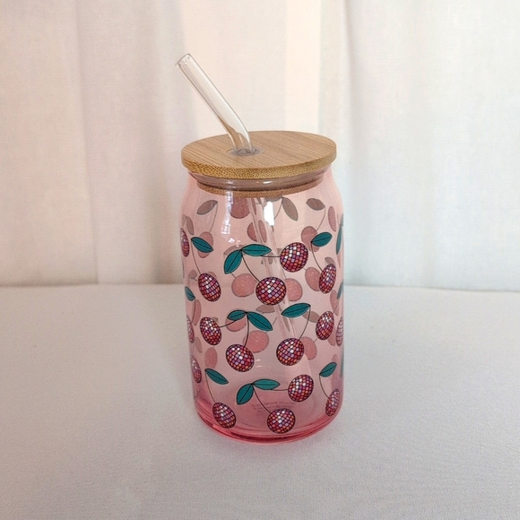 Other - Disco Cherries Glass Tumbler with Straw 16oz. NWOT